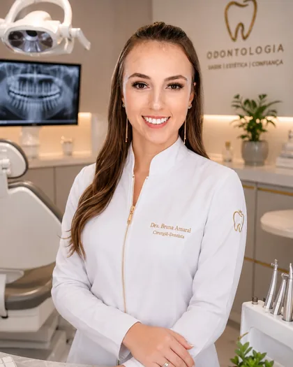 Dra. Bruna do Amaral de jaleco branco no consultório, com o painel de radiografia ao fundo.