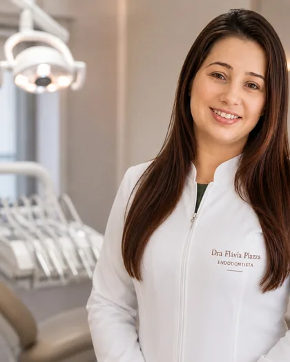 Dra. Flávia Alfredo Plazza de jaleco branco no consultório, ao lado da cadeira odontológica.
